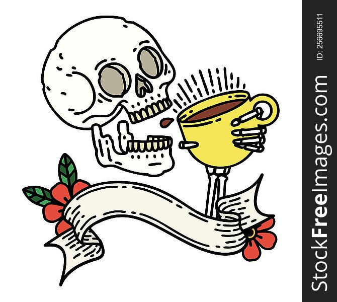 traditional tattoo with banner of a skull drinking coffee