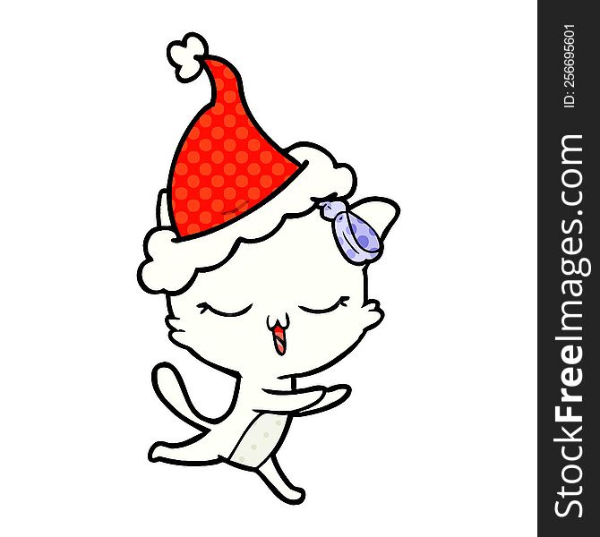 hand drawn comic book style illustration of a cat with bow on head wearing santa hat