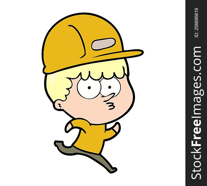 cartoon man in builders hat running. cartoon man in builders hat running