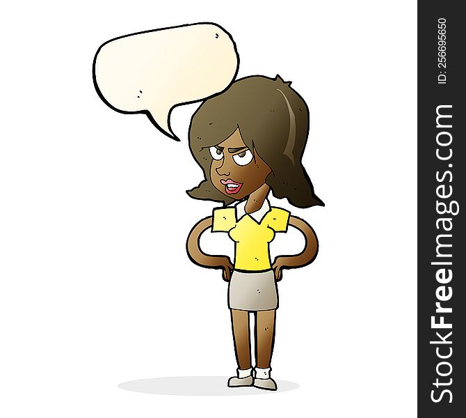 cartoon annoyed woman with hands on hips with speech bubble