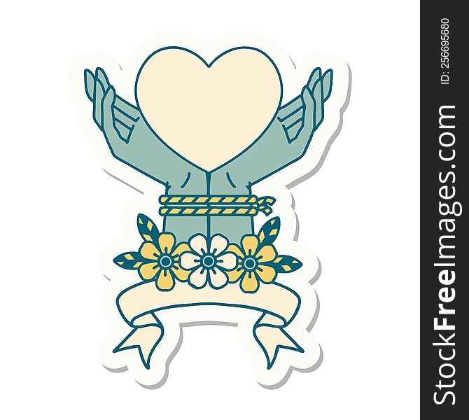 tattoo style sticker with banner of tied hands and a heart