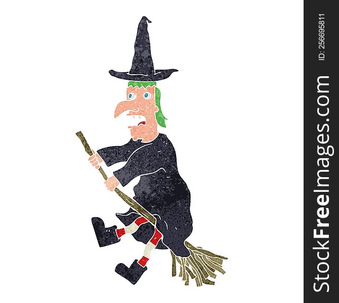 freehand retro cartoon witch flying on broom