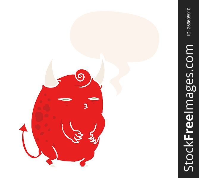 Cartoon Fat Little Halloween Devil And Speech Bubble In Retro Style