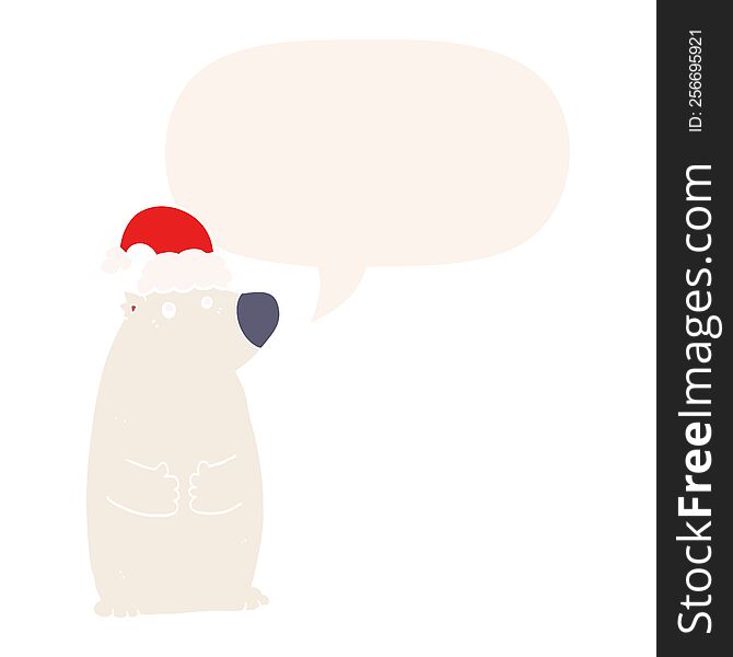Cartoon Bear Wearing Christmas Hat And Speech Bubble In Retro Style