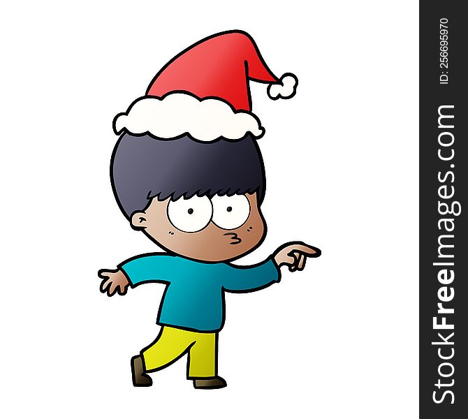 nervous gradient cartoon of a boy wearing santa hat