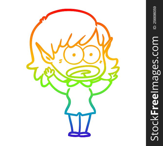 Rainbow Gradient Line Drawing Cartoon Shocked Elf Girl