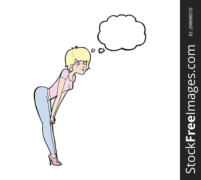 cartoon woman looking at something with thought bubble