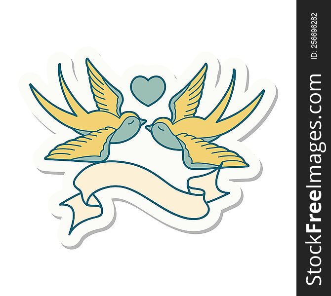 tattoo style sticker with banner of swallows and a heart