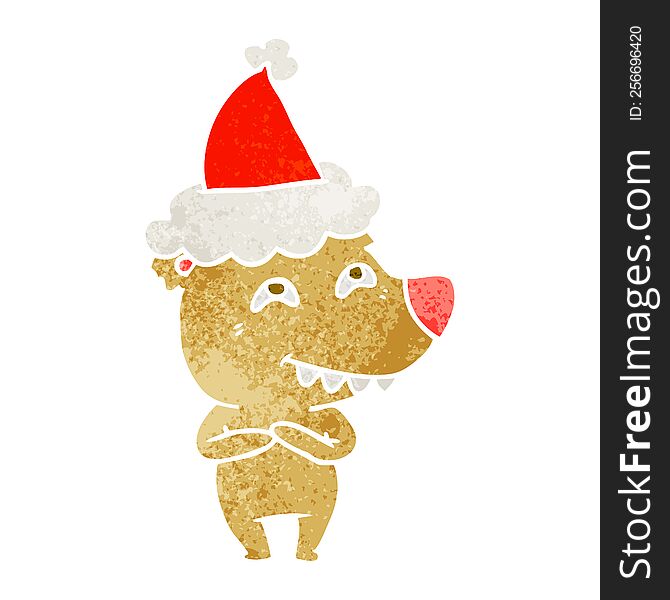 hand drawn retro cartoon of a bear showing teeth wearing santa hat