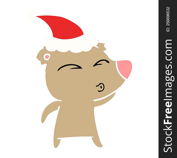 Flat Color Illustration Of A Whistling Bear Wearing Santa Hat