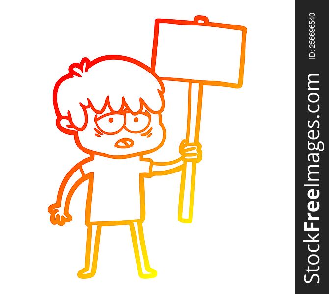 warm gradient line drawing of a cartoon exhausted boy with placard