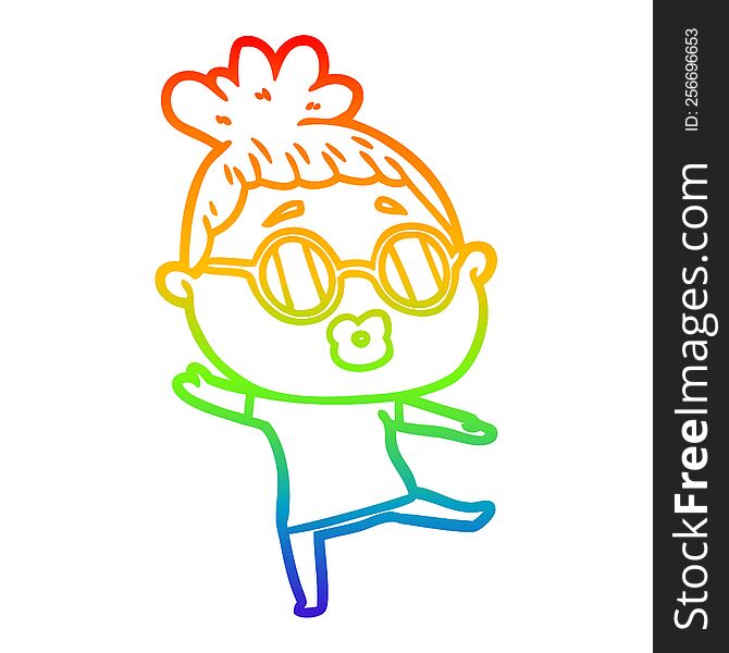 rainbow gradient line drawing of a cartoon woman dancing wearing spectacles