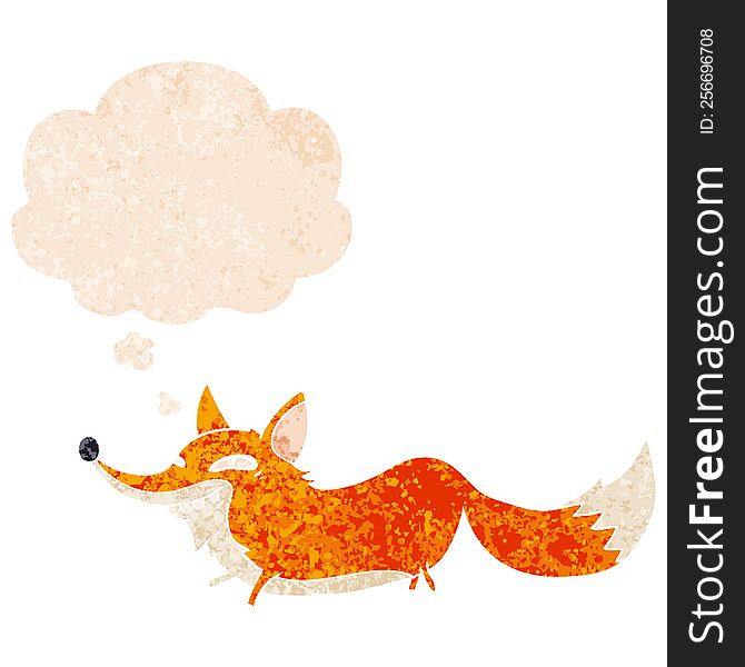 Cartoon Sly Fox And Thought Bubble In Retro Textured Style