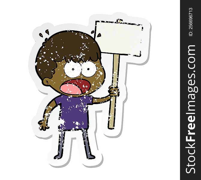 distressed sticker of a cartoon shocked man with placard