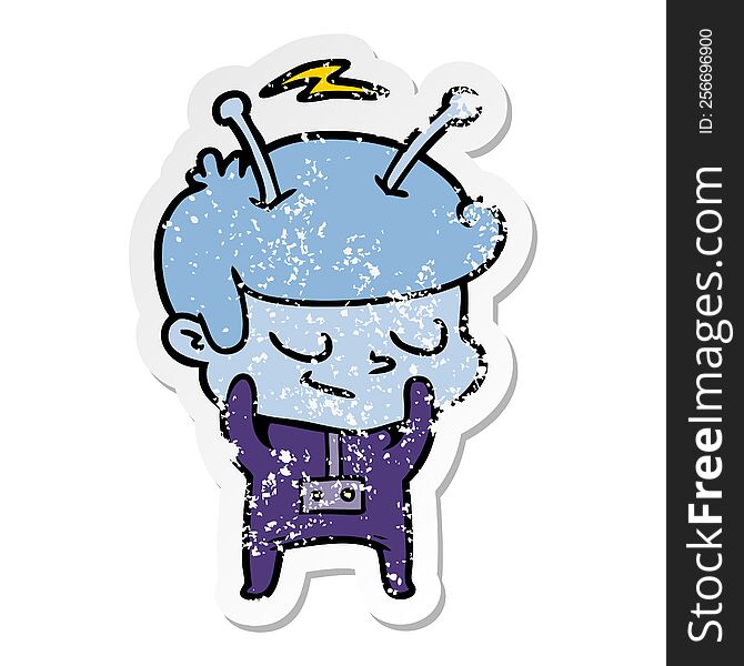 Distressed Sticker Of A Shy Cartoon Spaceman