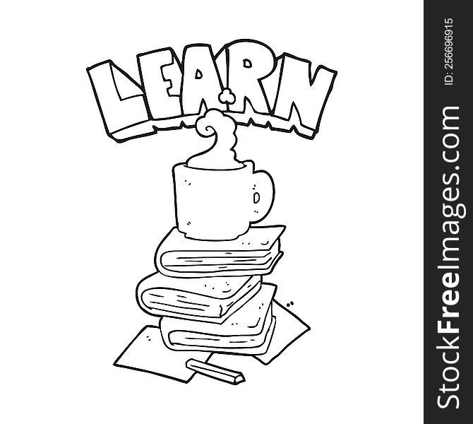 Black And White Cartoon Books And Coffee Cup Under Learn Symbol