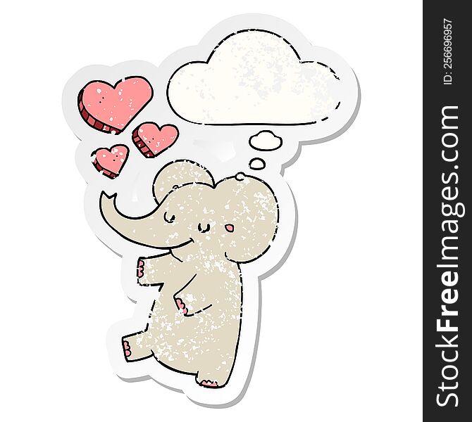 cartoon elephant with love hearts with thought bubble as a distressed worn sticker
