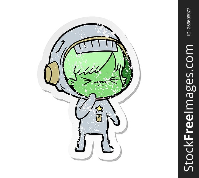 distressed sticker of a angry cartoon space girl