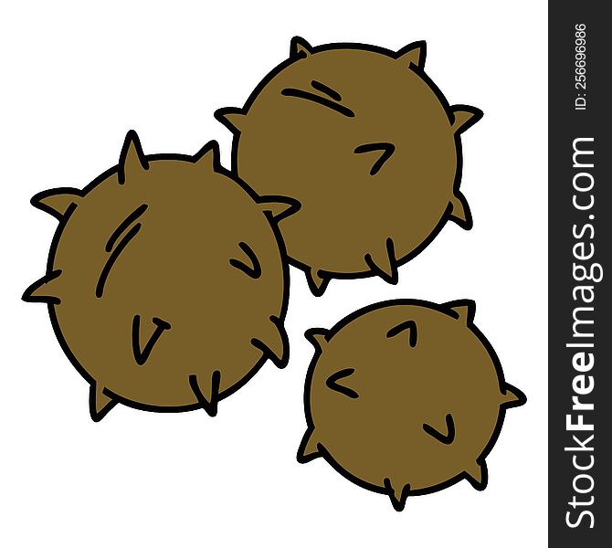 cartoon of spiked conkers waiting to be opened. cartoon of spiked conkers waiting to be opened