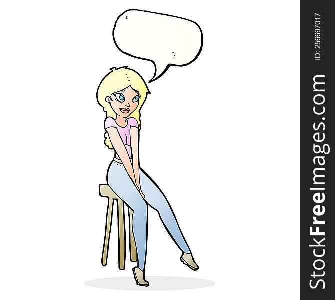 cartoon pretty girl on stool with speech bubble