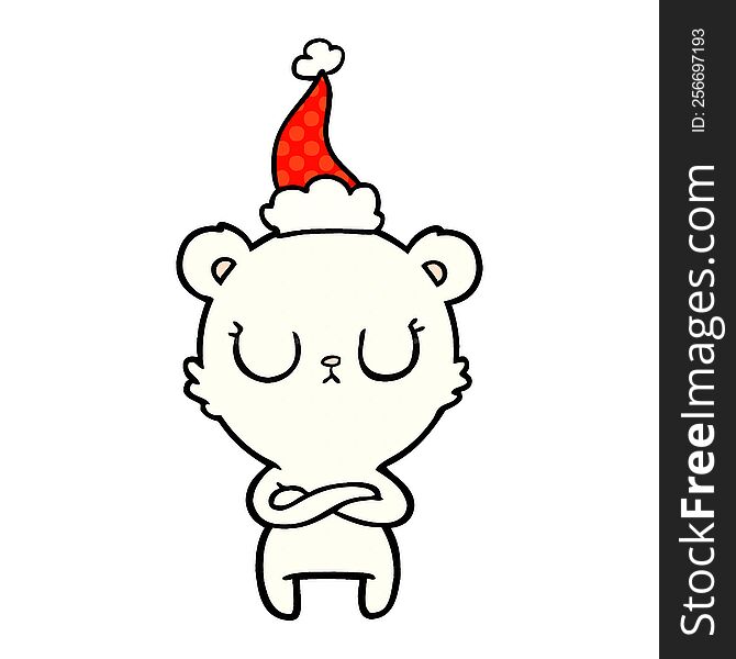peaceful hand drawn comic book style illustration of a polar bear wearing santa hat