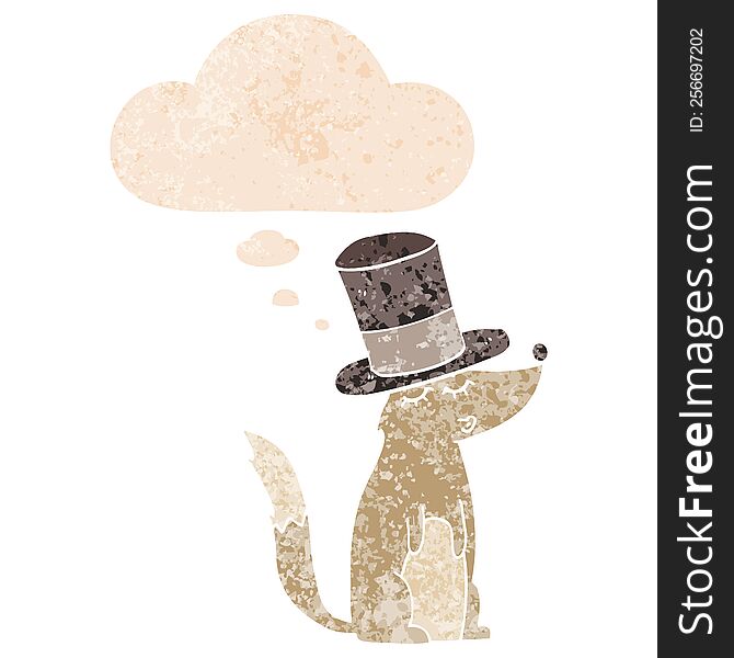 Cartoon Wolf Whistling Wearing Top Hat And Thought Bubble In Retro Textured Style