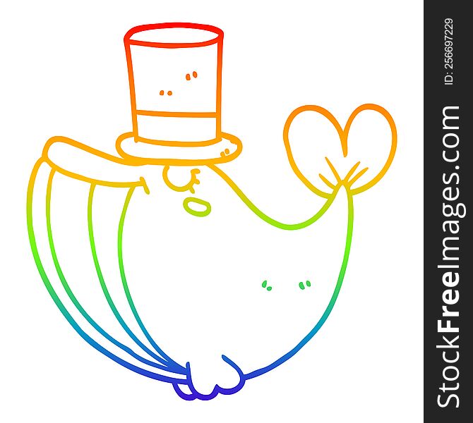 Rainbow Gradient Line Drawing Cartoon Whale With Top Hat
