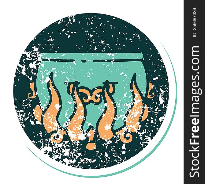 iconic distressed sticker tattoo style image of a lit cauldron. iconic distressed sticker tattoo style image of a lit cauldron