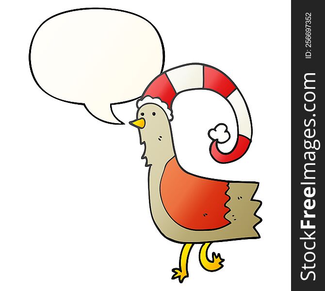 Caroton Chicken In Funny Christmas Hat And Speech Bubble In Smooth Gradient Style