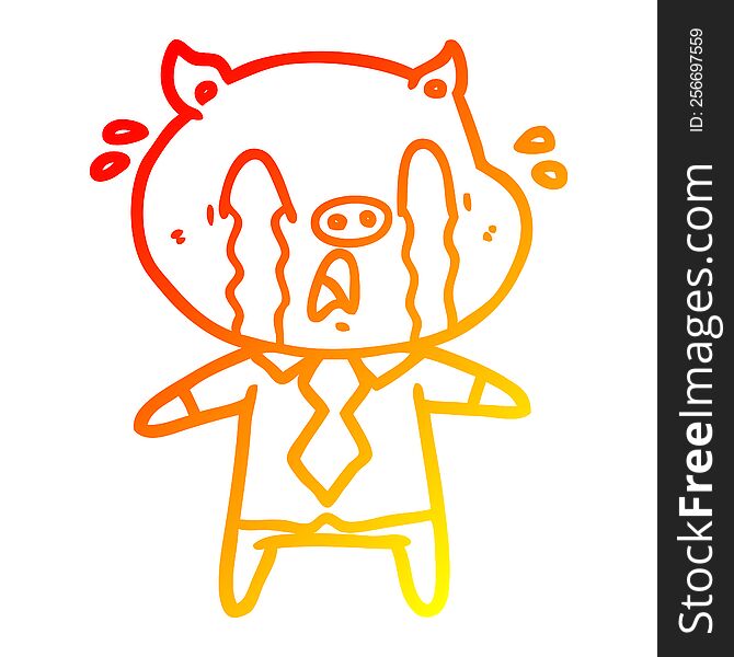 warm gradient line drawing of a crying pig cartoon wearing human clothes