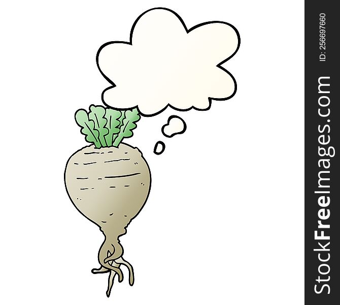 cartoon root vegetable with thought bubble in smooth gradient style