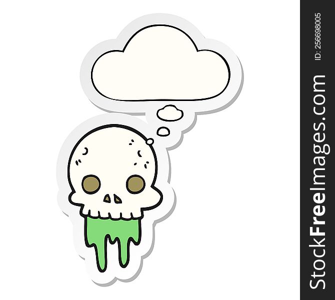cartoon spooky halloween skull with thought bubble as a printed sticker