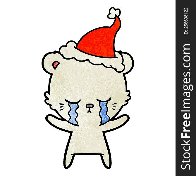 crying hand drawn textured cartoon of a polarbear wearing santa hat. crying hand drawn textured cartoon of a polarbear wearing santa hat