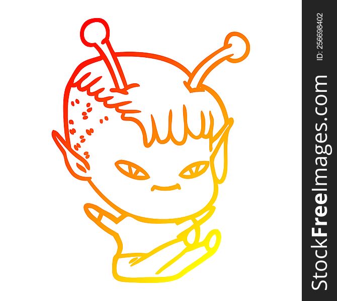 warm gradient line drawing of a cute cartoon alien girl