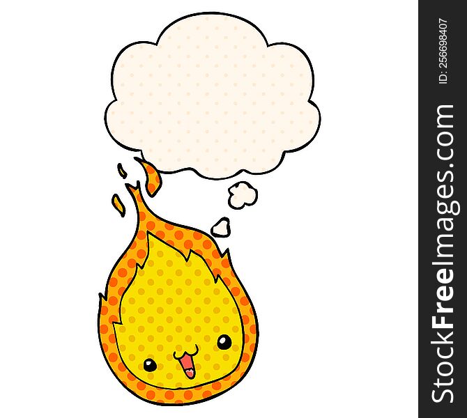 cute cartoon flame with thought bubble in comic book style