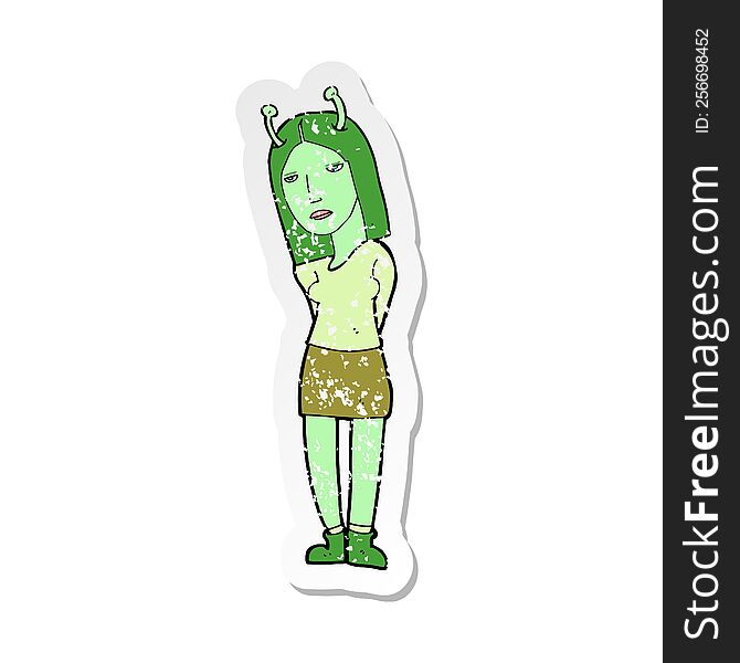 retro distressed sticker of a cartoon alien woman