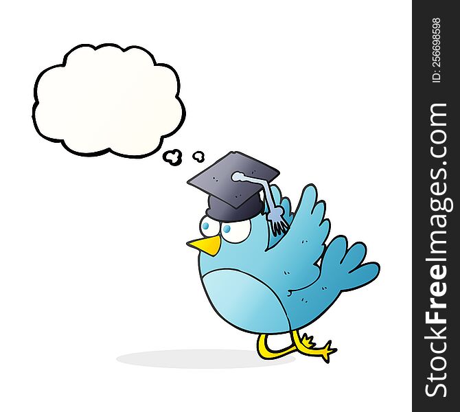 freehand drawn thought bubble cartoon bird wearing graduation cap