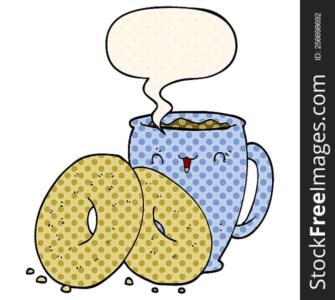 Cartoon Coffee And Donuts And Speech Bubble In Comic Book Style