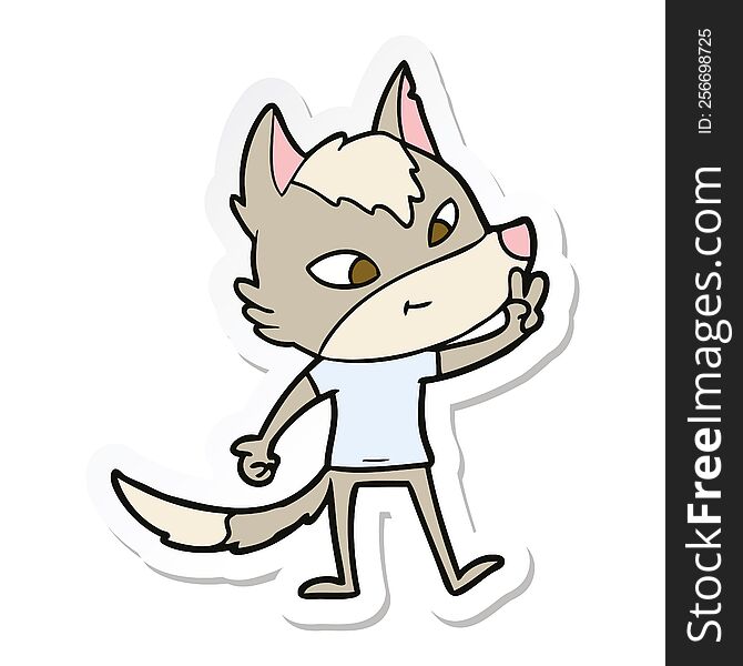 sticker of a friendly cartoon wolf giving peace sign