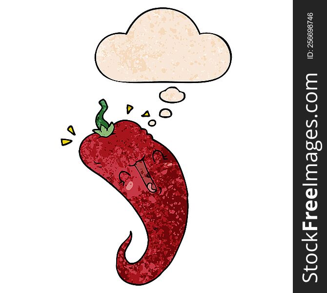 Cartoon Chili Pepper And Thought Bubble In Grunge Texture Pattern Style