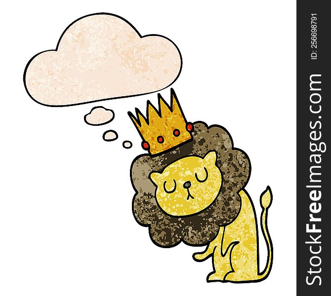 Cartoon Lion With Crown And Thought Bubble In Grunge Texture Pattern Style