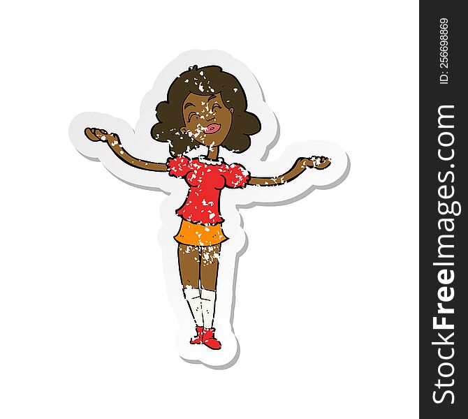 retro distressed sticker of a cartoon woman taking praise