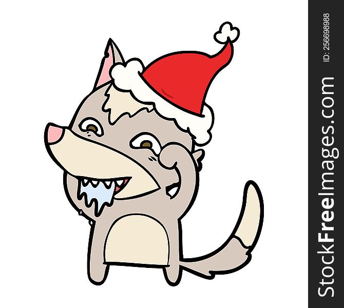 Line Drawing Of A Hungry Wolf Wearing Santa Hat