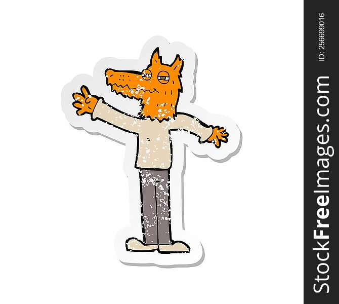 Retro Distressed Sticker Of A Cartoon Waving Fox
