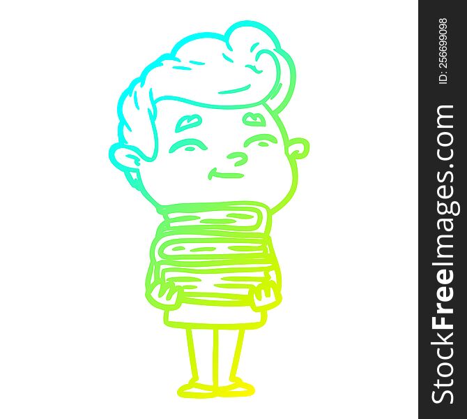 Cold Gradient Line Drawing Happy Cartoon Man With Stack Of New Books