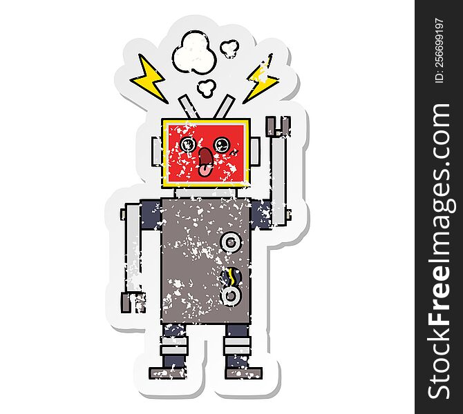 Distressed Sticker Of A Cute Cartoon Robot Malfunction