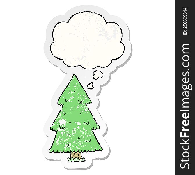 cartoon christmas tree with thought bubble as a distressed worn sticker
