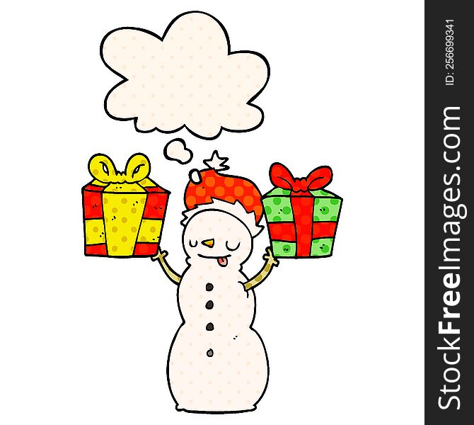 Cartoon Snowman With Present And Thought Bubble In Comic Book Style