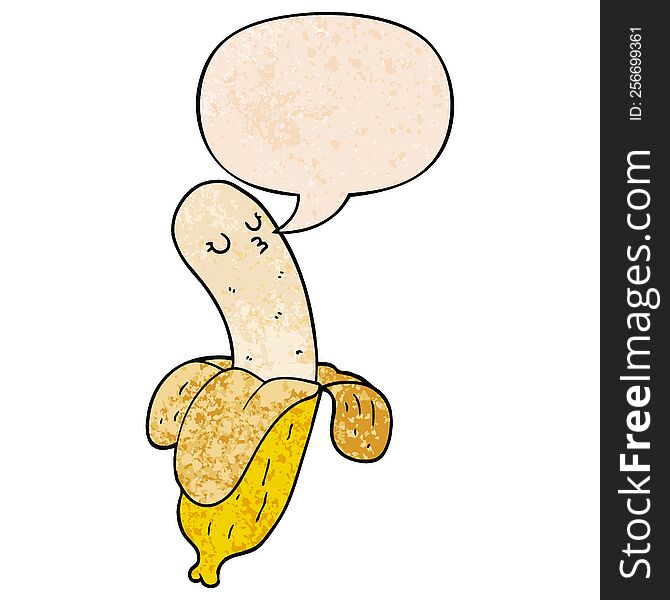 cartoon banana with speech bubble in retro texture style