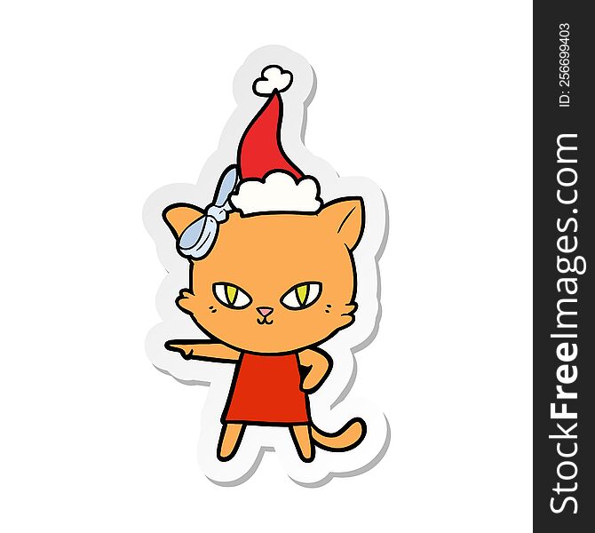 Cute Sticker Cartoon Of A Cat Wearing Dress Wearing Santa Hat